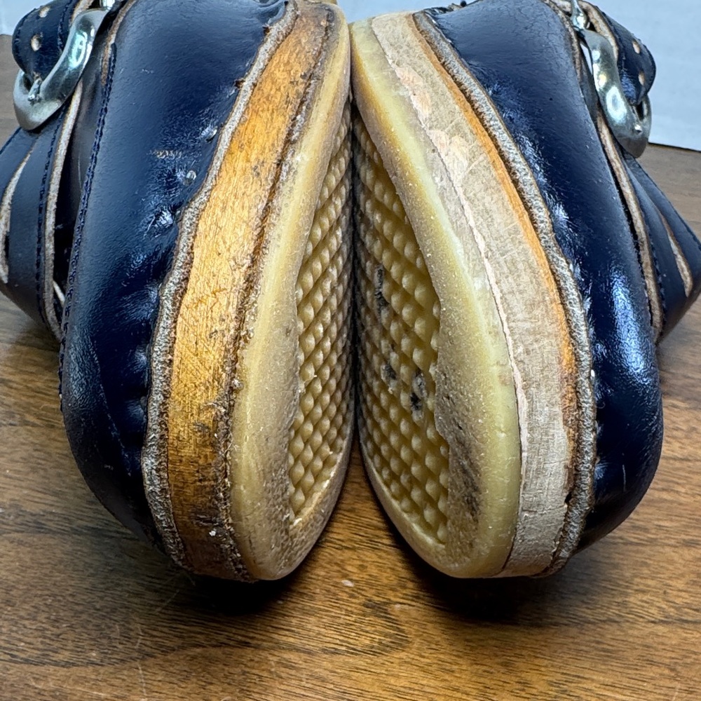 Vintage 70s Womens Bastad Toffeln Wooden Navy Blue Leather Buckle Clogs, sz 38 - Picture 9 of 14